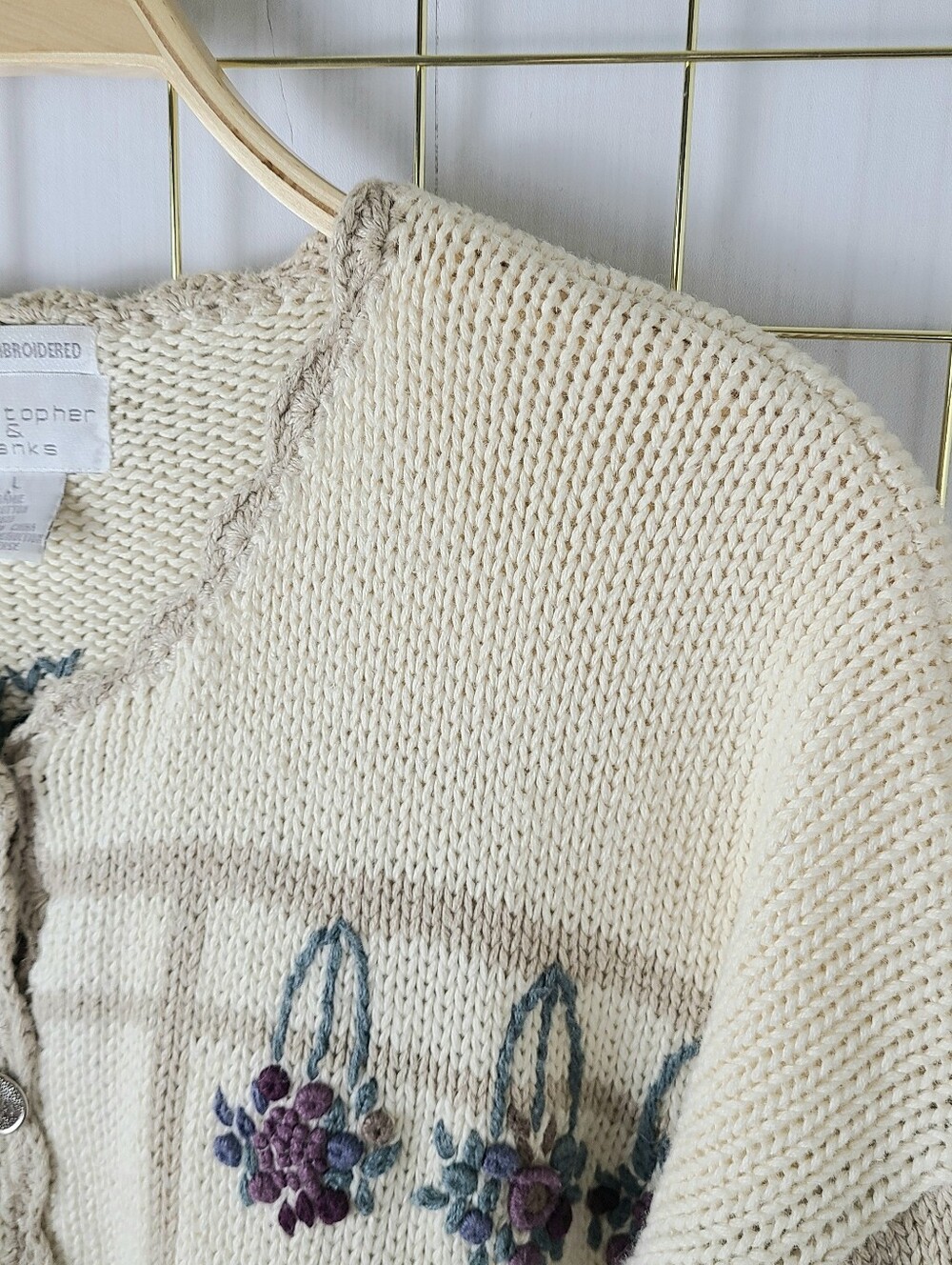 Hand Embroidered Floral Garden Ramie Blend Cardigan 90s Vintage Grandma Sweater - Picture 3 of 10